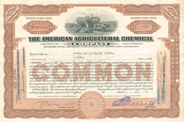 American Agricultural Chemical Co. - Stock Certificate